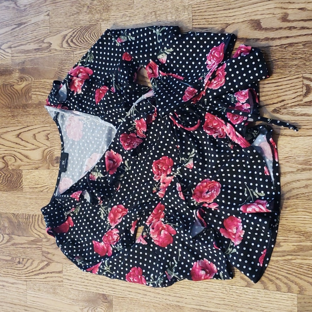 (M) I.N. San Francisco Soft Floral Print Wrap Top Statement Sleeves Ruffle Trim
